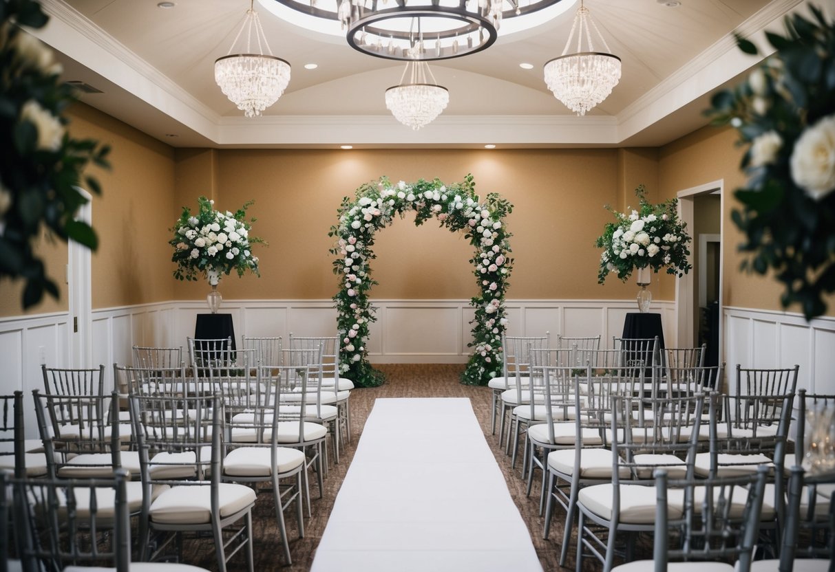A venue with seating for 100 guests, decorated with floral arrangements and a wedding arch