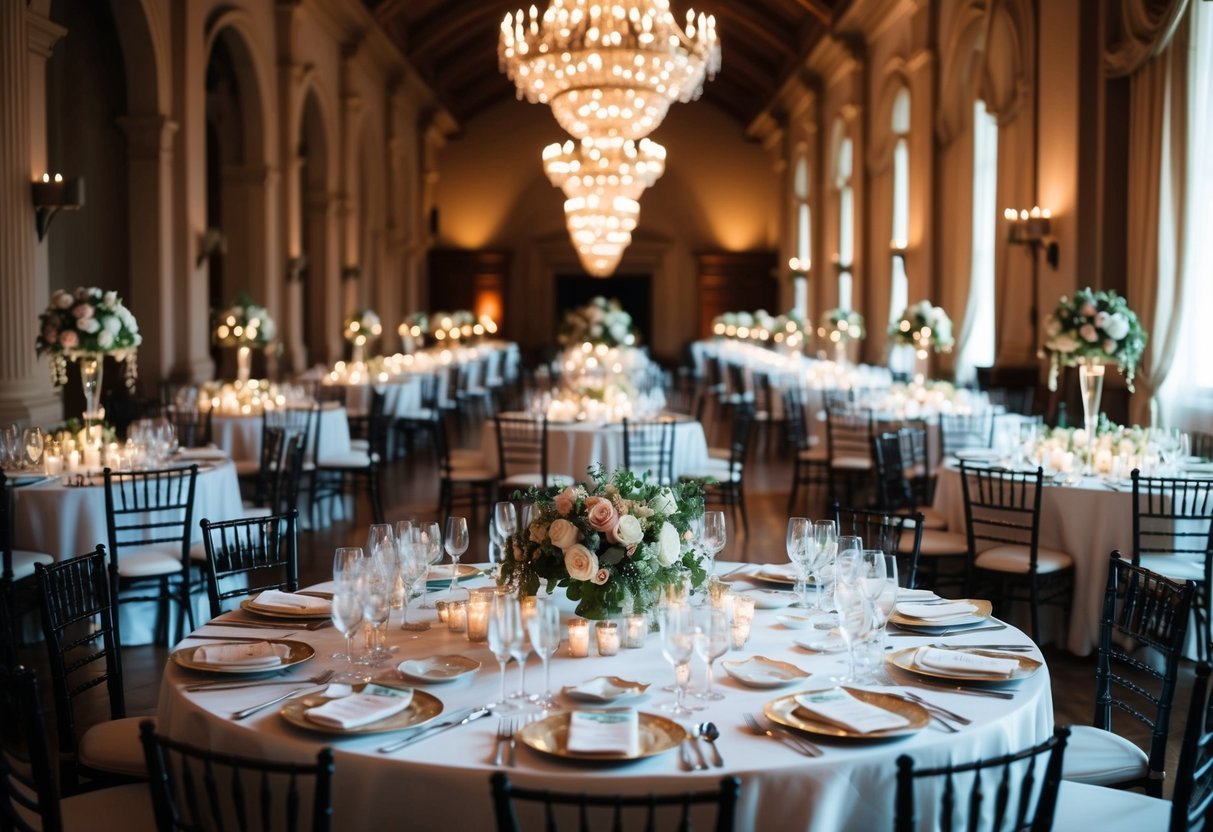 A grand banquet hall filled with elegant tables set for 100 guests, adorned with floral centerpieces and sparkling candlelight