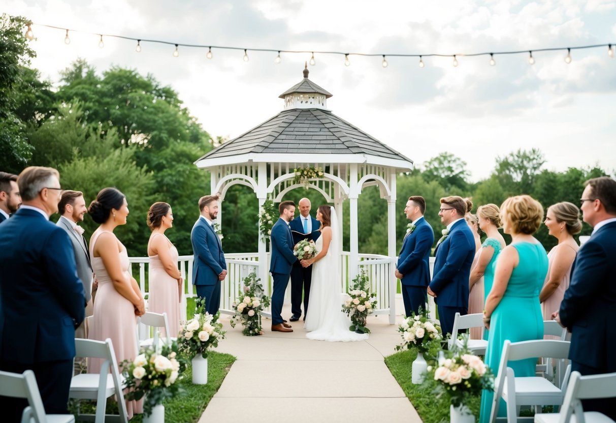 A small outdoor ceremony with a decorated gazebo, surrounded by a few close friends and family members. A simple yet elegant setup with floral arrangements and twinkling lights