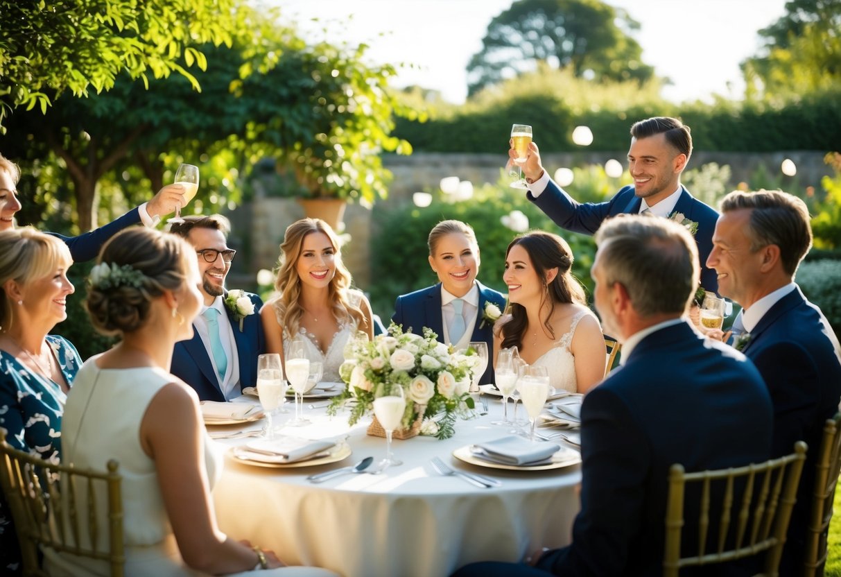 A small, intimate gathering in a sunlit garden, with a beautifully decorated table and a few close friends celebrating the newlyweds