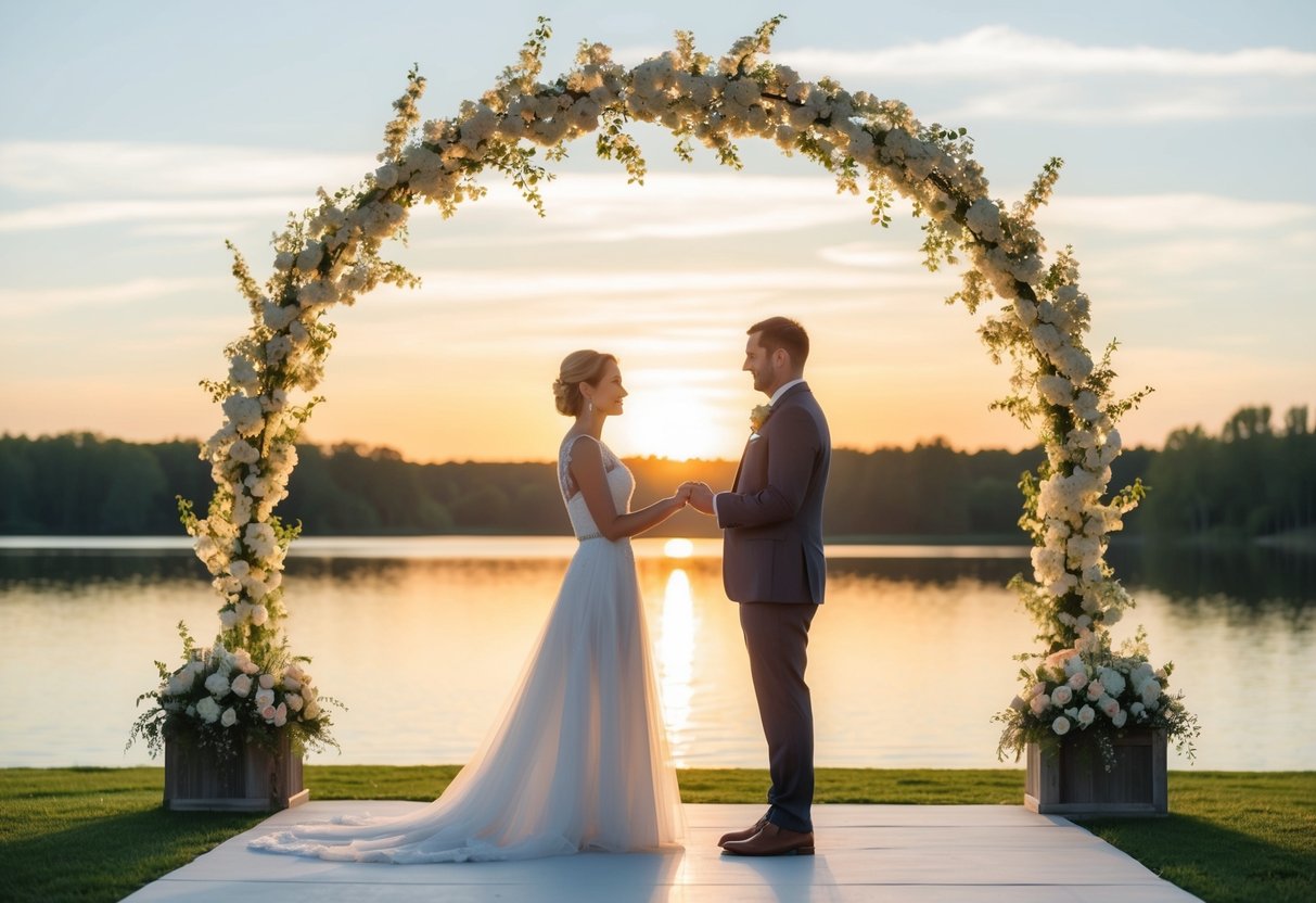 A couple standing under a blooming archway, exchanging vows as the sun sets over a serene lake