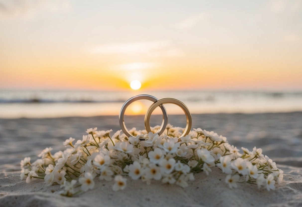 A serene beach at sunset, with two intertwined rings resting on a bed of delicate white flowers, symbolizing eternal love and commitment