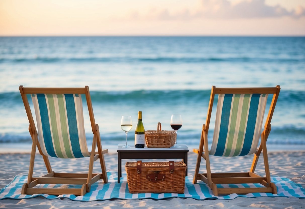 A serene beach with two beach chairs facing the ocean, a picnic basket, and a bottle of wine on a table