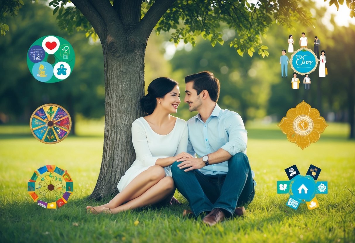 A couple sitting together under a tree, surrounded by diverse cultural symbols and social artifacts representing different perspectives on marriage