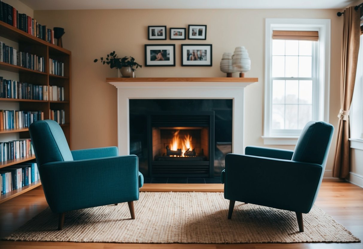 A cozy living room with two empty chairs facing each other, a warm fireplace, and a bookshelf filled with books on relationships and self-discovery