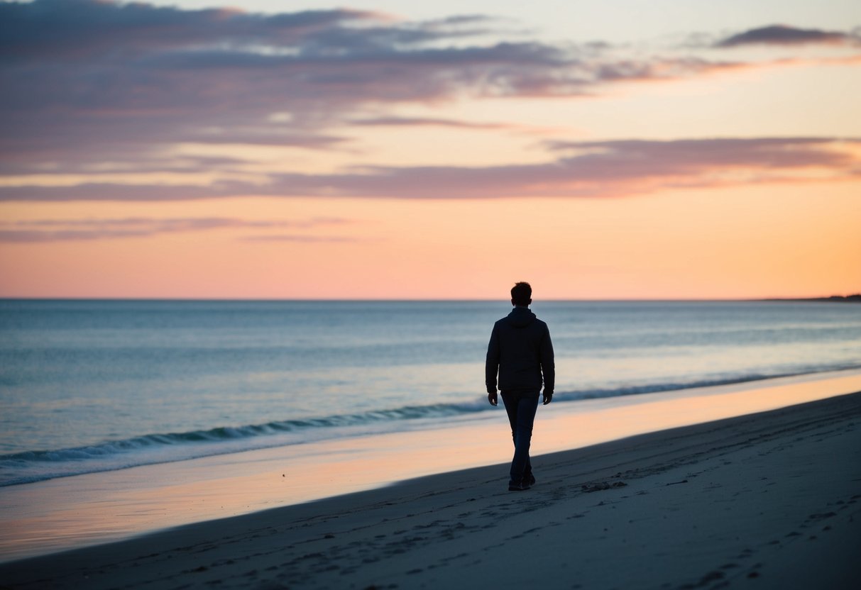 A solitary figure walks along a peaceful beach at sunset, gazing out at the ocean with a contemplative expression