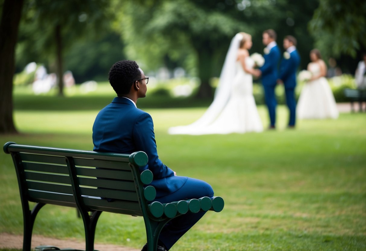 A person sitting alone on a park bench, gazing at a wedding ceremony taking place in the distance. The expression on their face is contemplative and pensive
