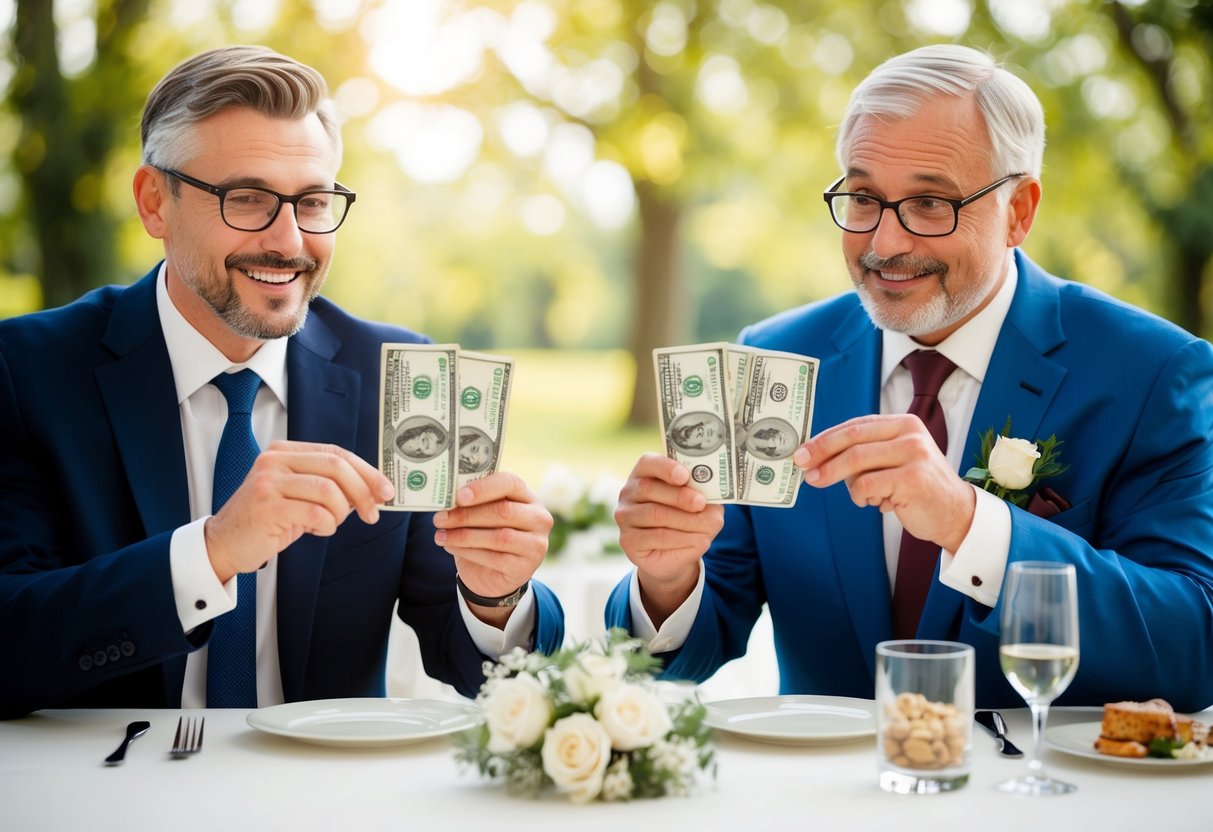 The groom's parents are shown making financial contributions for the wedding in 2024, including expenses such as the rehearsal dinner, transportation, and accommodations