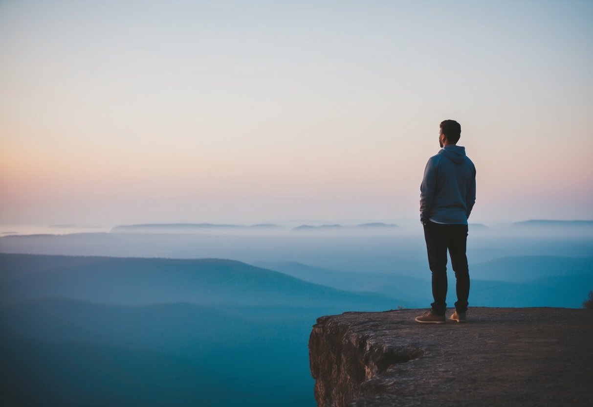 A person standing alone on a cliff overlooking a vast and serene landscape, contemplating the question of marriage
