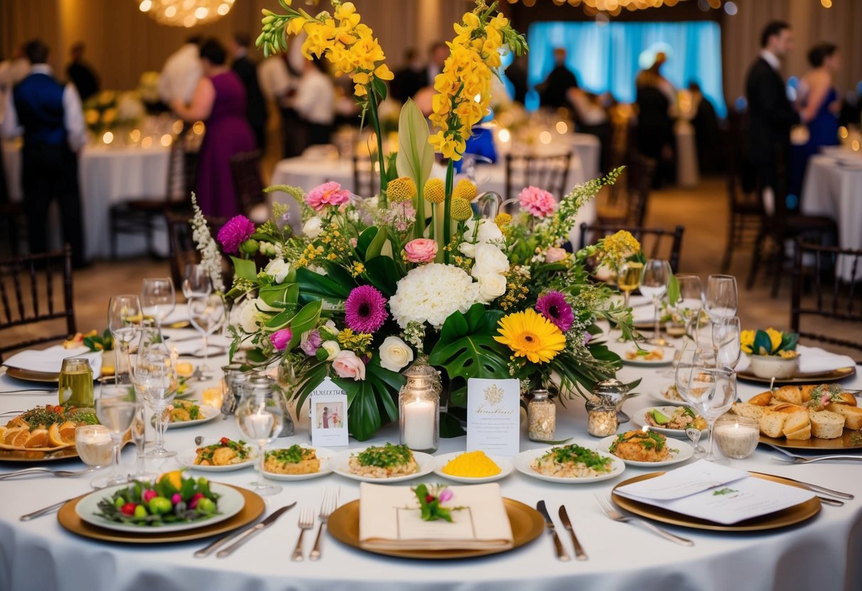 A festive wedding banquet with a variety of decorations, flowers, and food. A table displays an array of miscellaneous items, such as invitations and favors