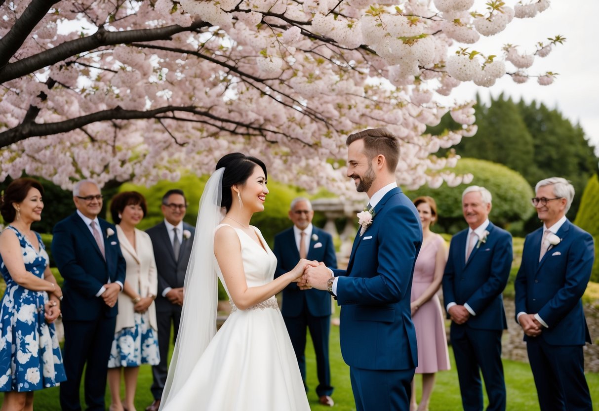 A couple exchanging vows under a blooming cherry blossom tree with friends and family gathered around in a beautiful garden