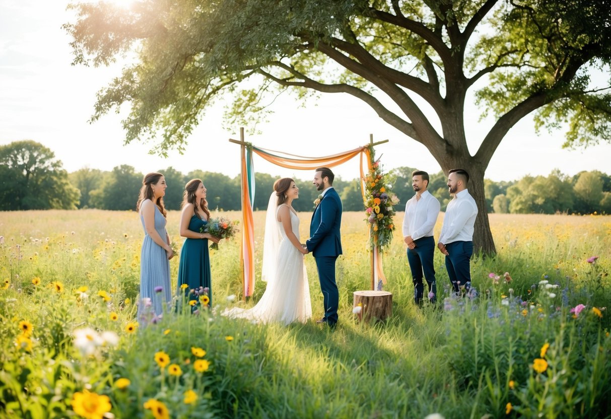 A couple standing in a sun-drenched field, surrounded by wildflowers and a small gathering of friends and family. A simple, bohemian-style altar is set up under a large tree, with colorful ribbons blowing in the breeze