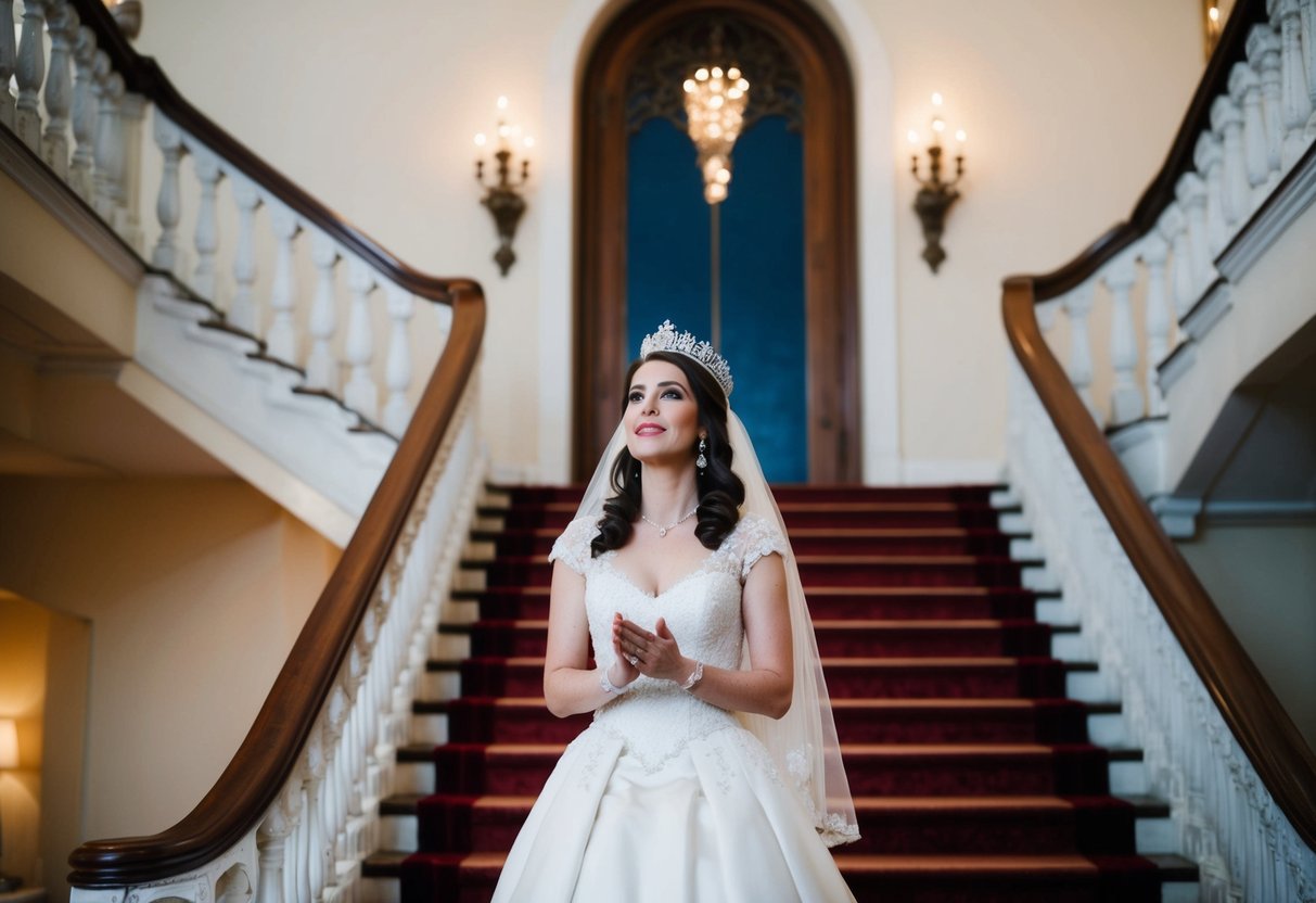 A queen stumbles over her wedding vows on a grand staircase