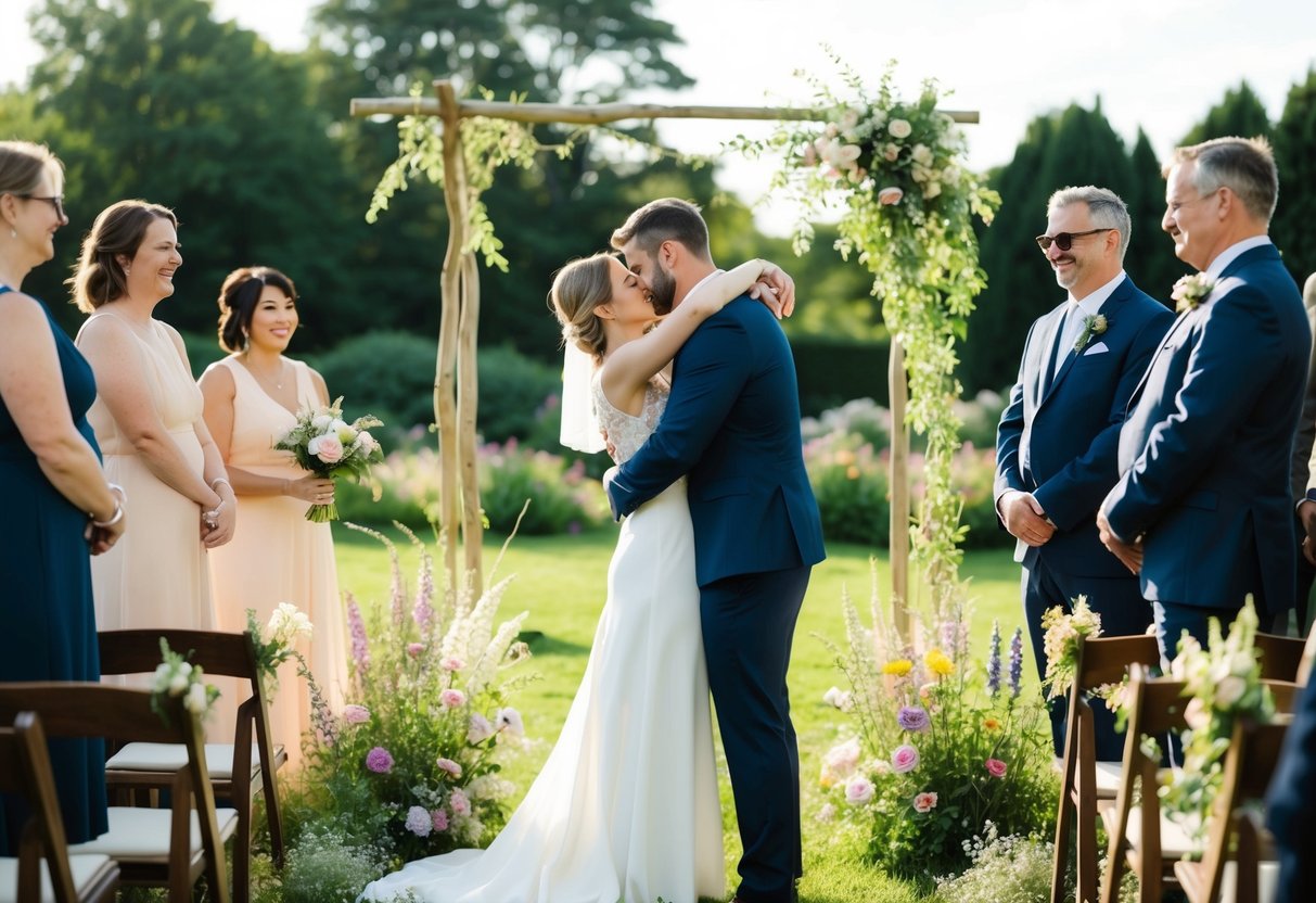 A couple embraces in a sunlit garden, surrounded by friends and family. A makeshift altar is adorned with wildflowers as they exchange vows