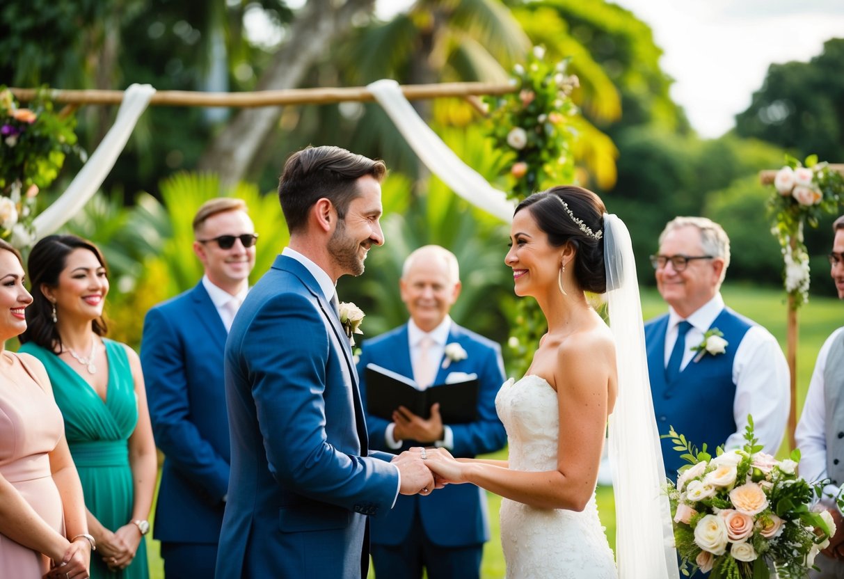A couple exchanging vows in a lush outdoor setting with a small group of loved ones gathered around, flowers and decorations adorning the area