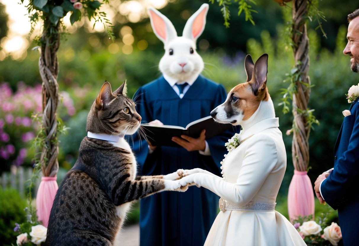 A cat and a dog exchanging wedding vows in a whimsical garden setting, with a rabbit officiating the ceremony