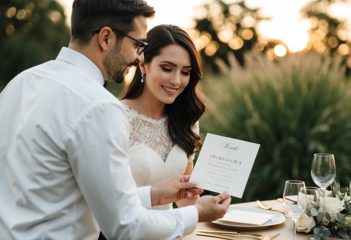 A couple sending out wedding invitations, carefully selecting names to exclude certain family members