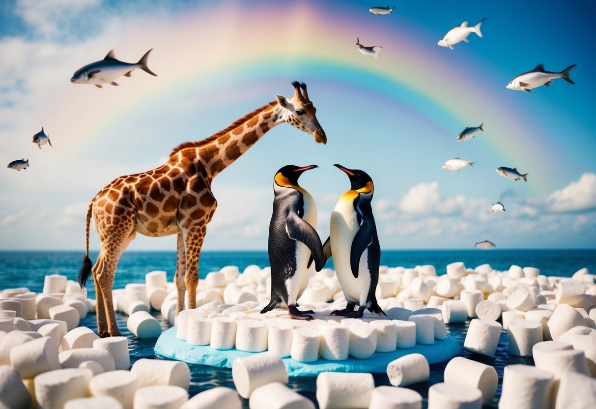 A giraffe and a penguin exchanging vows on a floating island made of marshmallows, surrounded by a rainbow-colored sky and flying fish