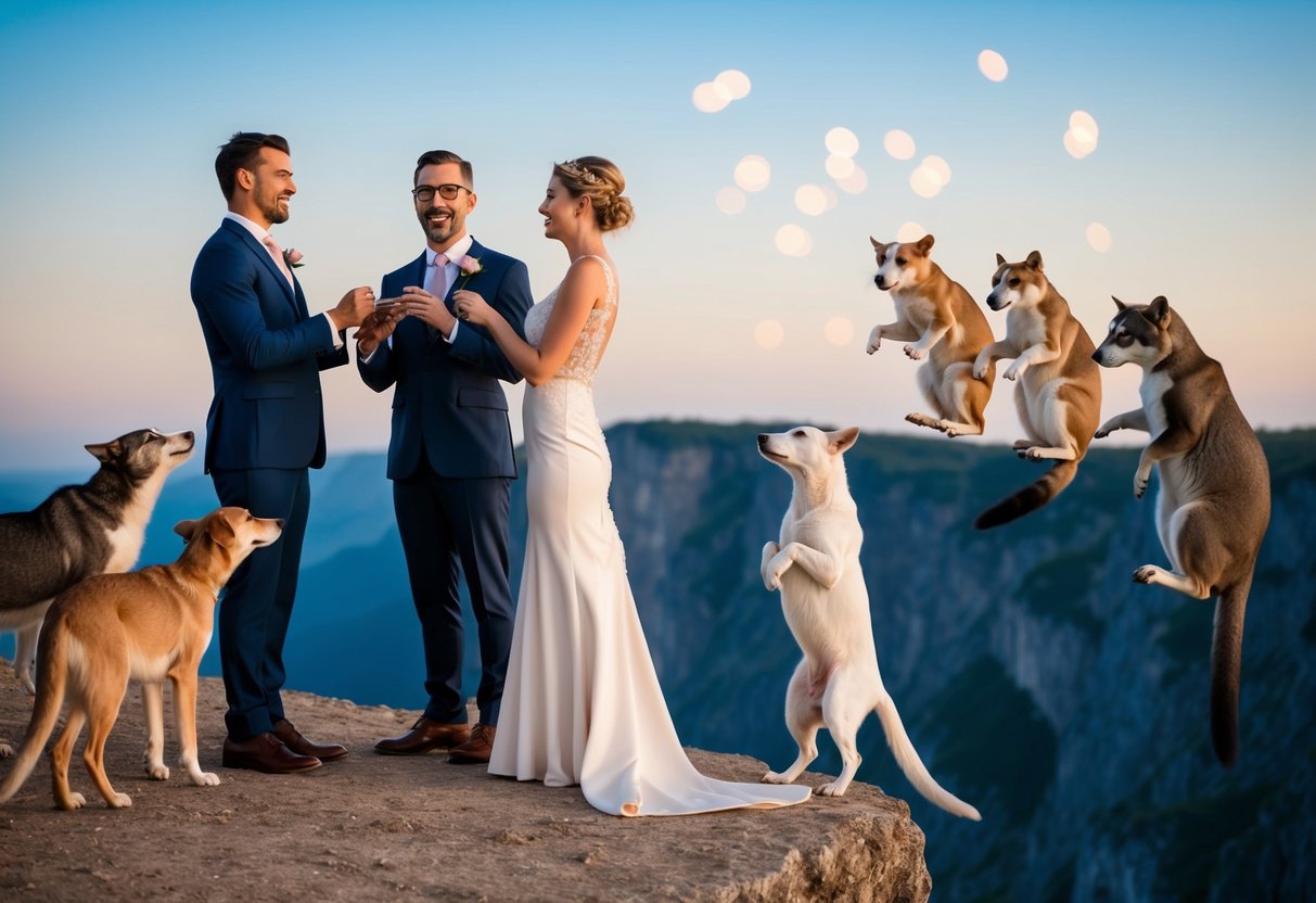 A man and woman stand on a cliff, exchanging comically absurd wedding vows as a group of animals look on in confusion