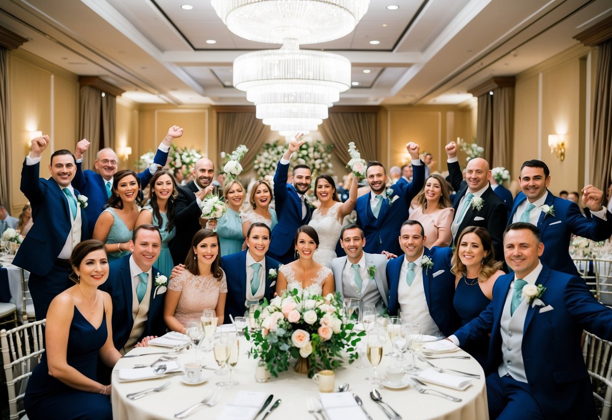 A wedding banquet hall with elegant decorations and floral arrangements, surrounded by happy guests celebrating the couple's special day