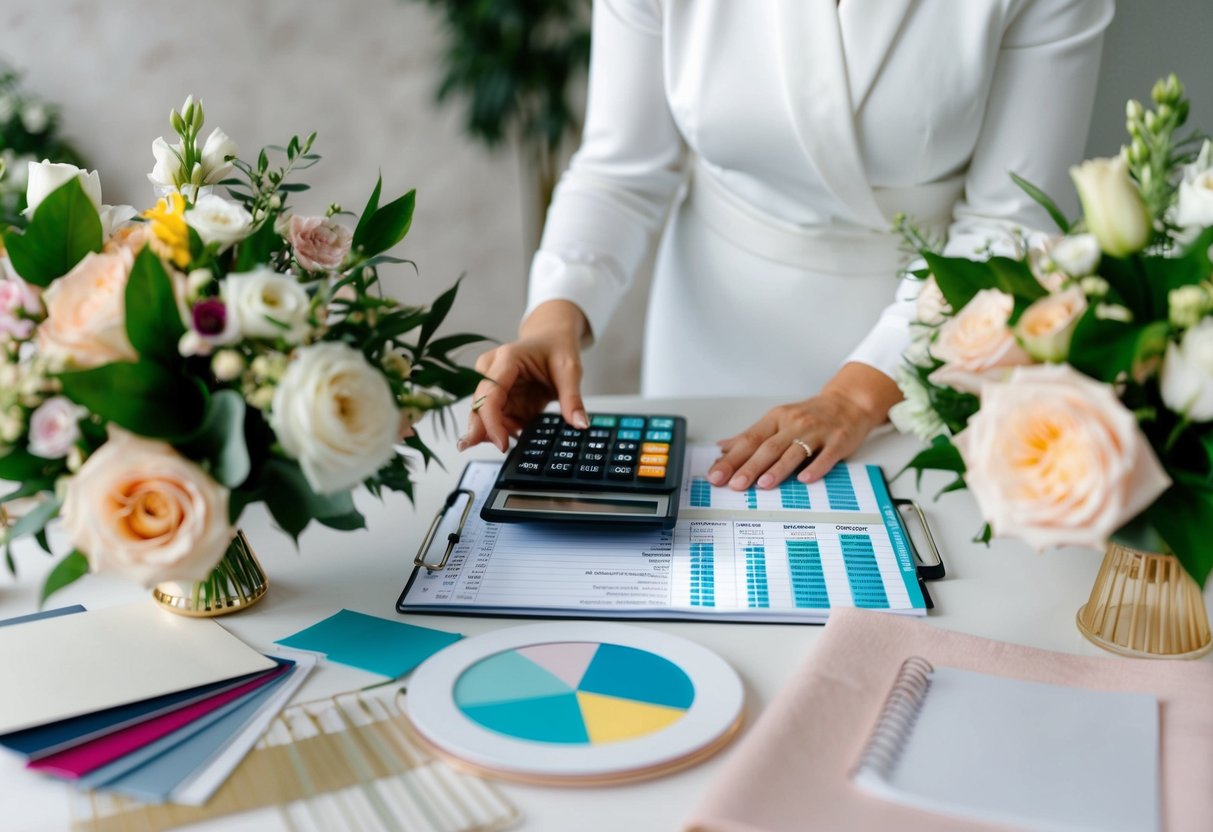 A wedding planner with a calculator and budget spreadsheet, surrounded by floral arrangements, venue photos, and fabric swatches