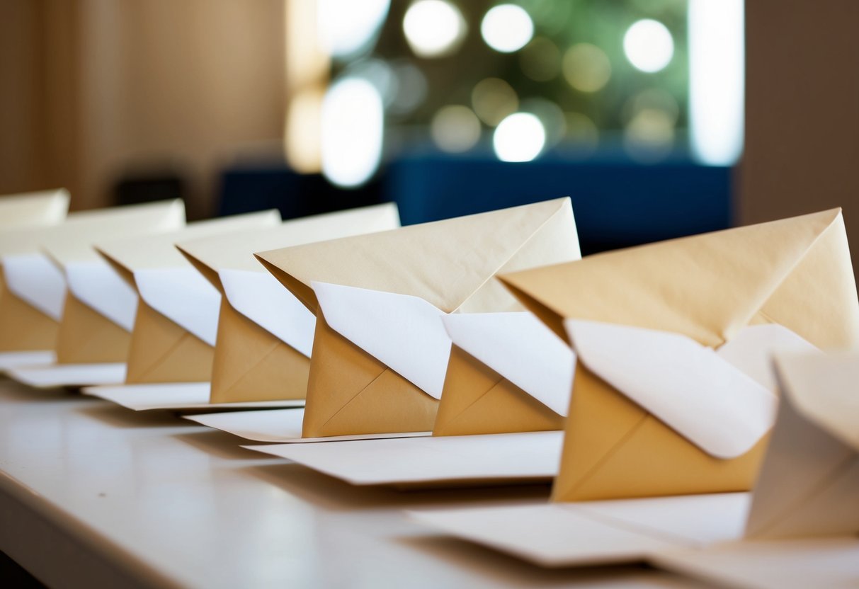 A line of unopened RSVP envelopes on a table