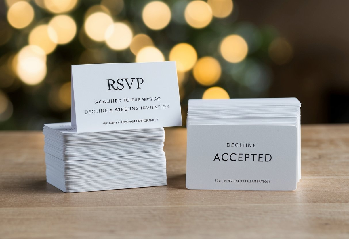 A pile of declined RSVP cards sits next to a stack of accepted ones, indicating the typical number of people who decline a wedding invitation
