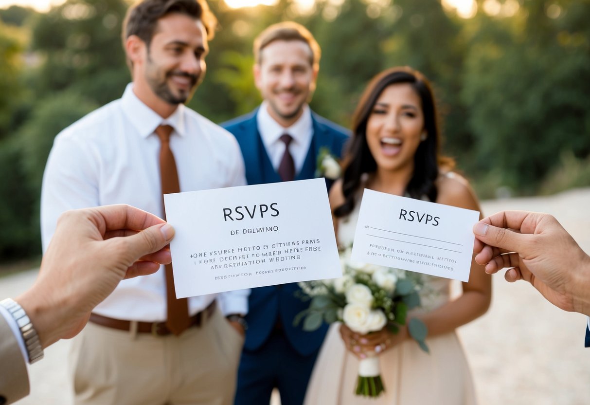 A couple receiving RSVPs, with some declining, while others excitedly confirm attendance to their destination wedding