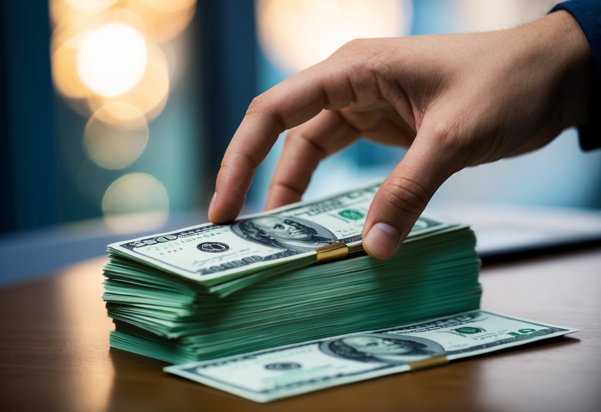 A stack of cash on a table, with a hand reaching for it