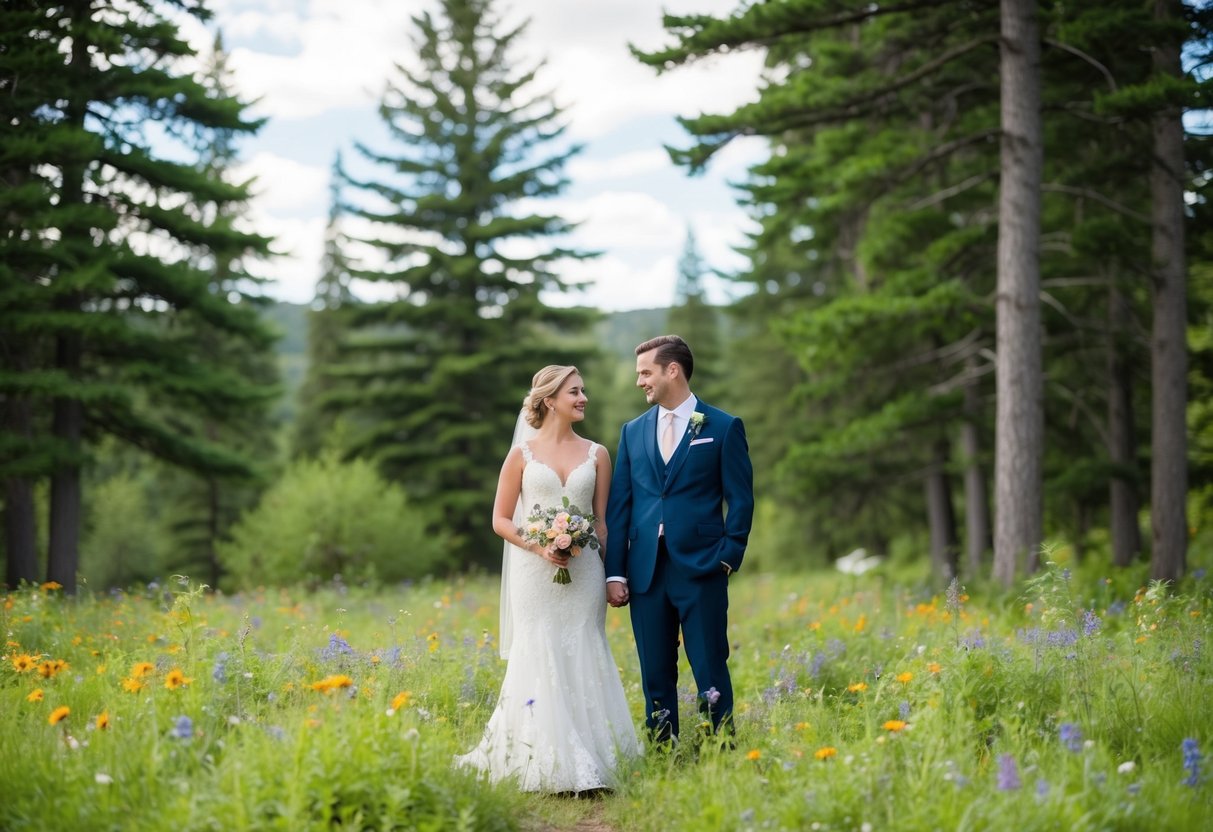 A bride and groom stand alone in a lush forest clearing, surrounded by colorful wildflowers and tall trees. The bride holds a small bouquet while the groom looks lovingly at her