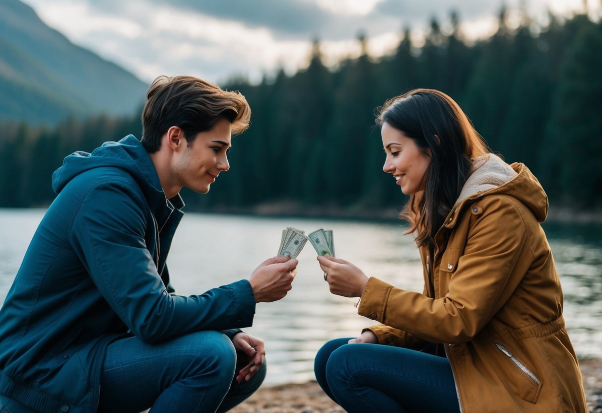 A young couple exchanging money in a secluded location, with a sense of secrecy and urgency