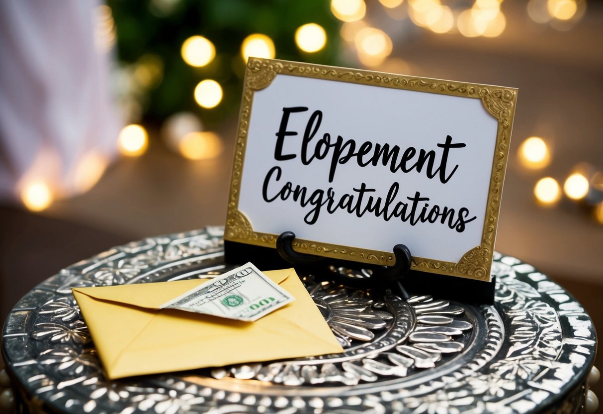 A small envelope with cash inside, placed on a decorative table with a sign reading “Elopement Congratulations.”