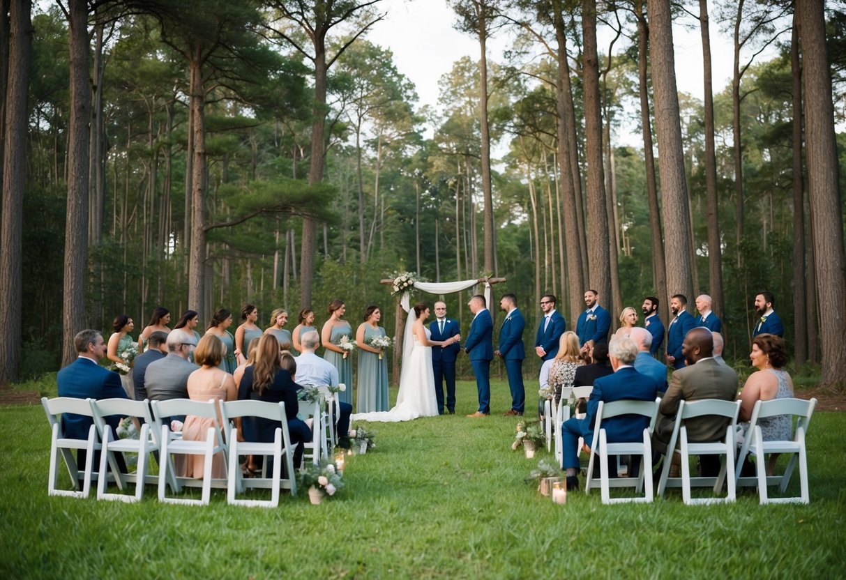 A serene forest clearing with a simple, intimate ceremony setup and a small gathering of close friends and family in the background