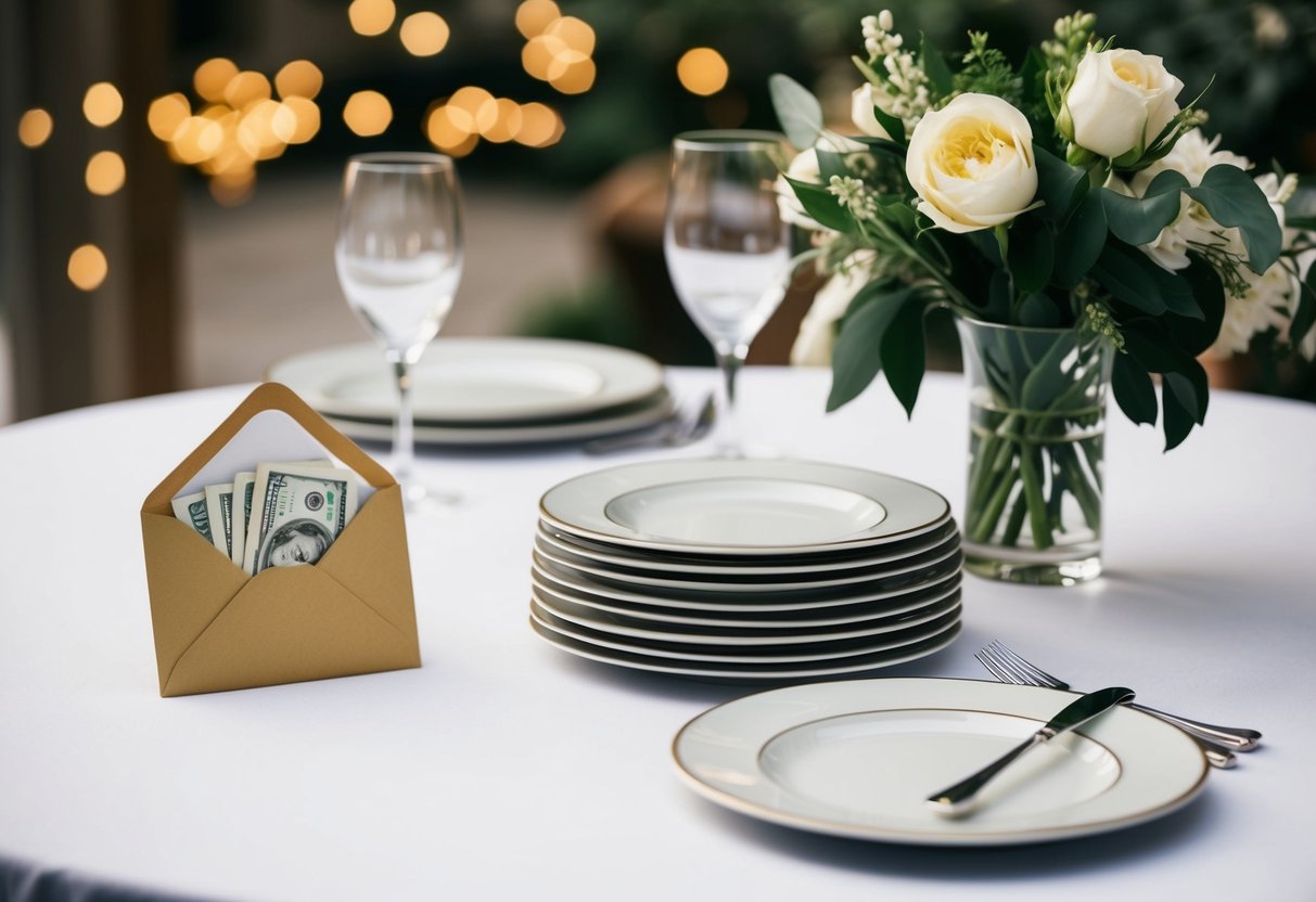 A table with a small envelope for cash gifts, a stack of elegant plates, and a vase of flowers for an elopement registry