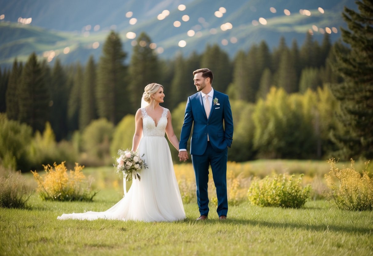 A bride and groom standing alone in a beautiful outdoor setting, surrounded by nature and a picturesque backdrop for their elopement
