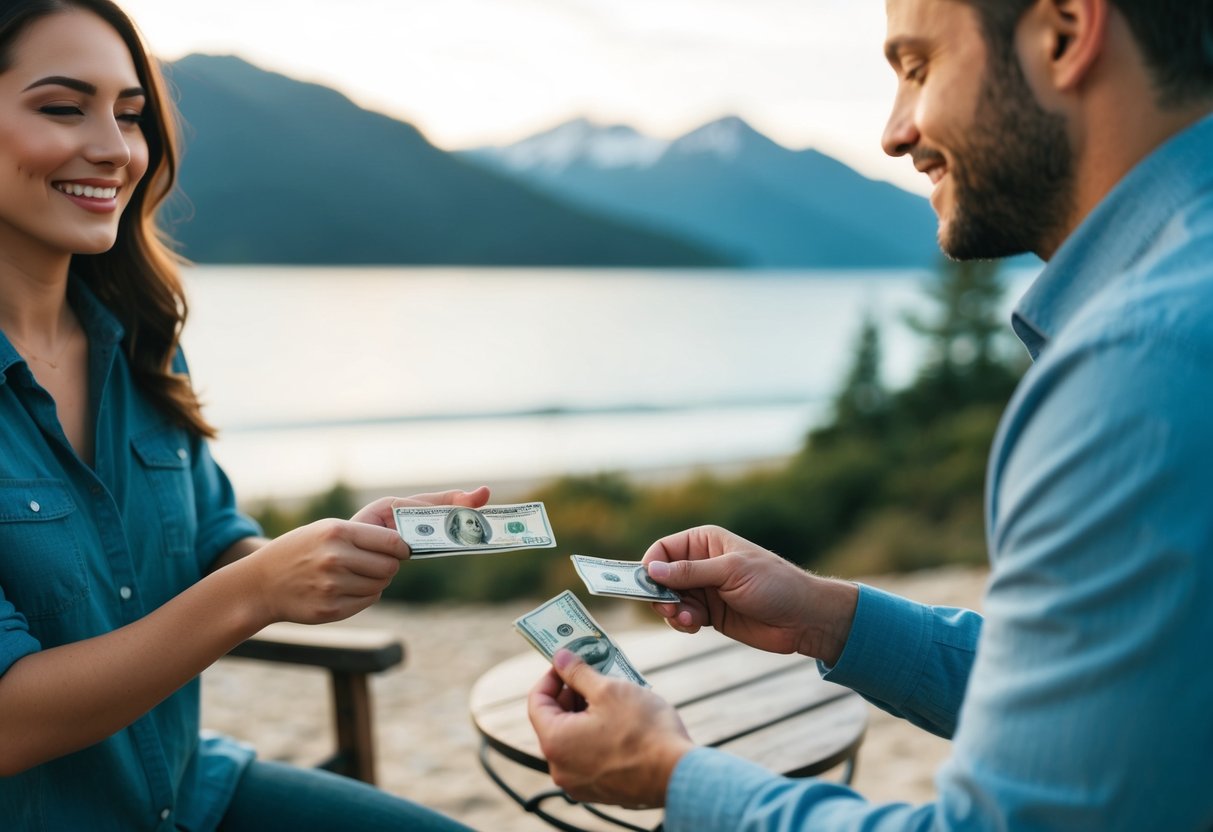 A couple exchanging money in a secluded outdoor setting, with a scenic backdrop of mountains or a beach