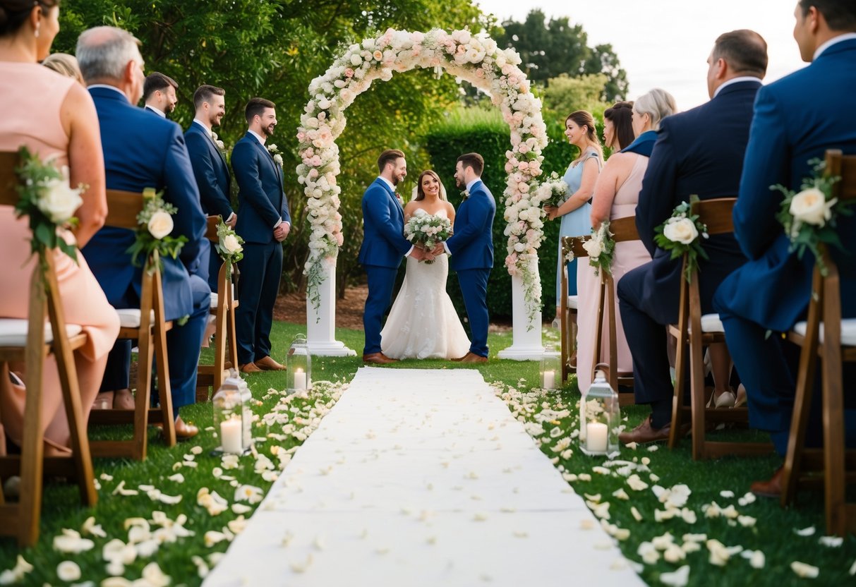 A small, intimate ceremony in a picturesque outdoor setting, with a beautifully decorated arch and scattered flower petals on the ground