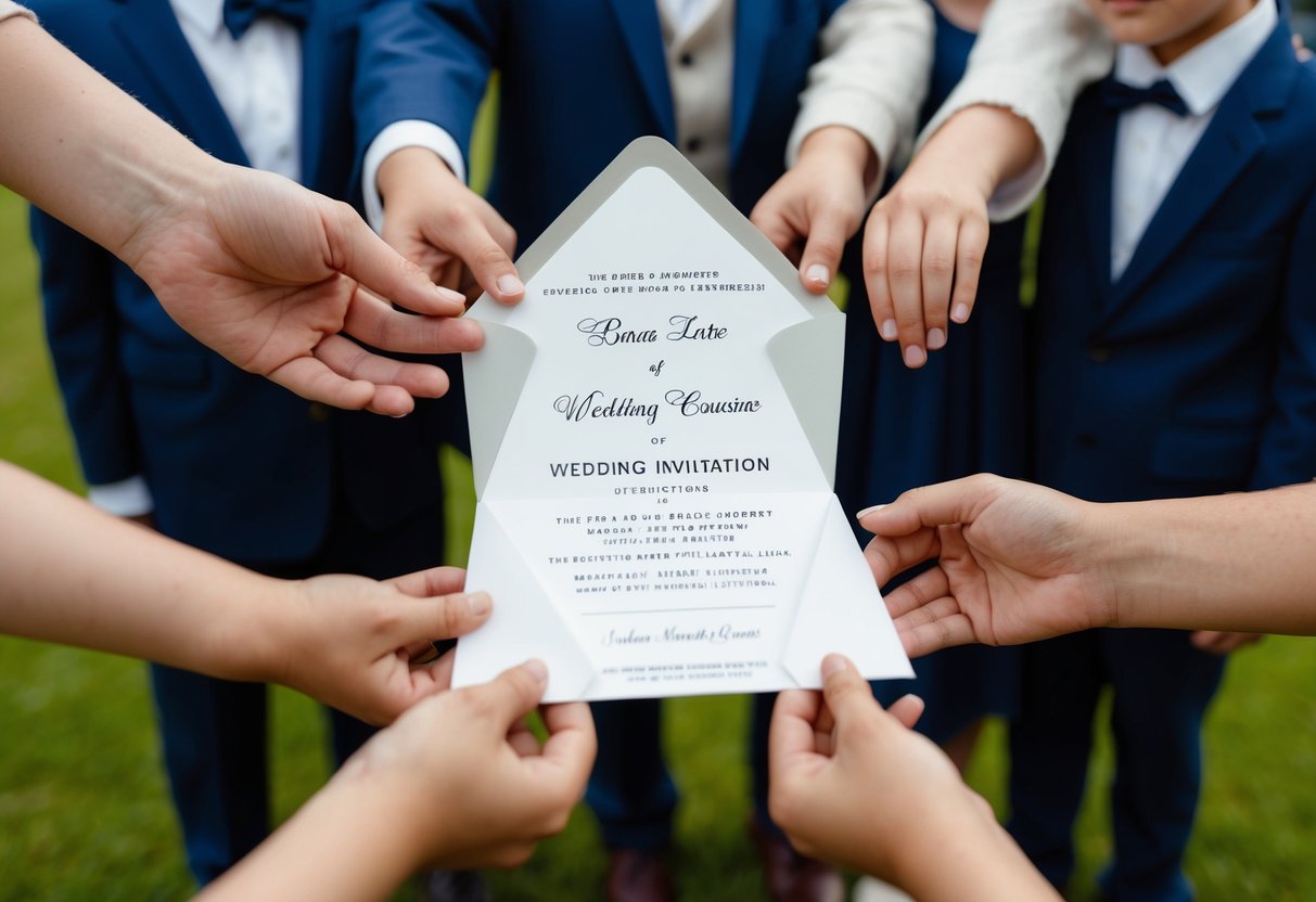 A wedding invitation being extended to a group of cousins while others are left out, with visible feelings of exclusion and disappointment