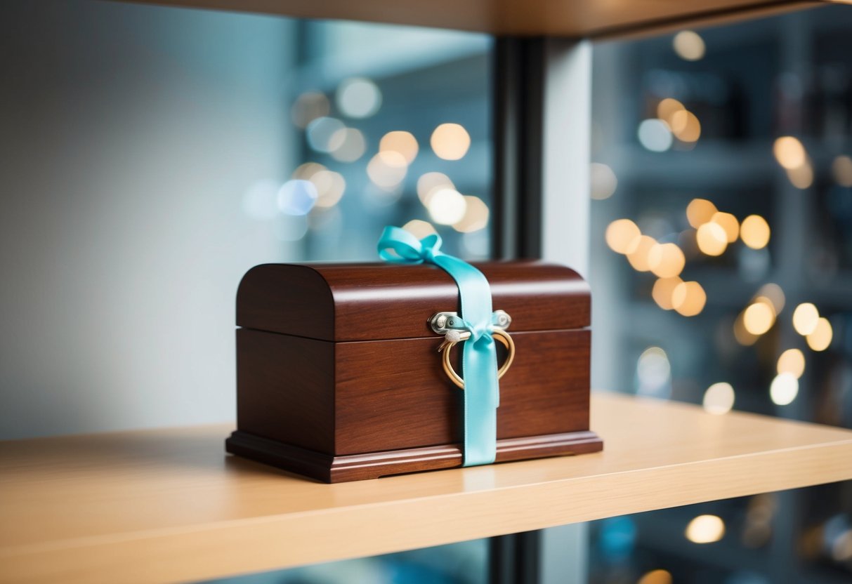 A locked wooden box with a ribbon tied around it, placed on a high shelf