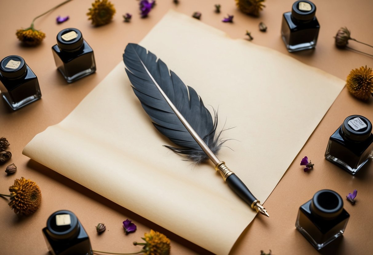 A quill pen poised over a blank sheet of parchment, surrounded by scattered ink bottles and dried flowers