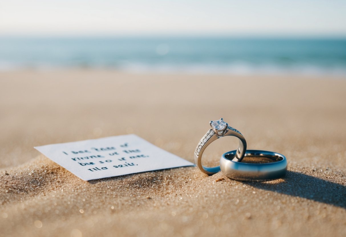 A pair of wedding rings left on a secluded beach with a note in the sand