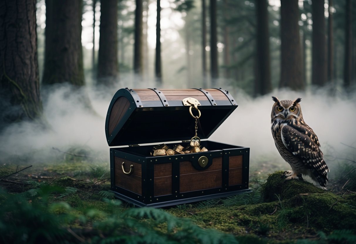 A locked treasure chest hidden in a dense forest, surrounded by swirling mist and guarded by a solitary owl