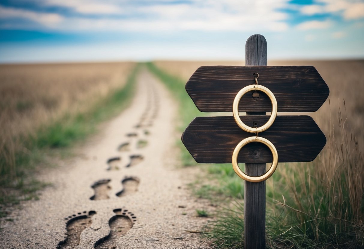 A rustic wooden sign with two intertwined rings and a trail of footprints leading off into the distance