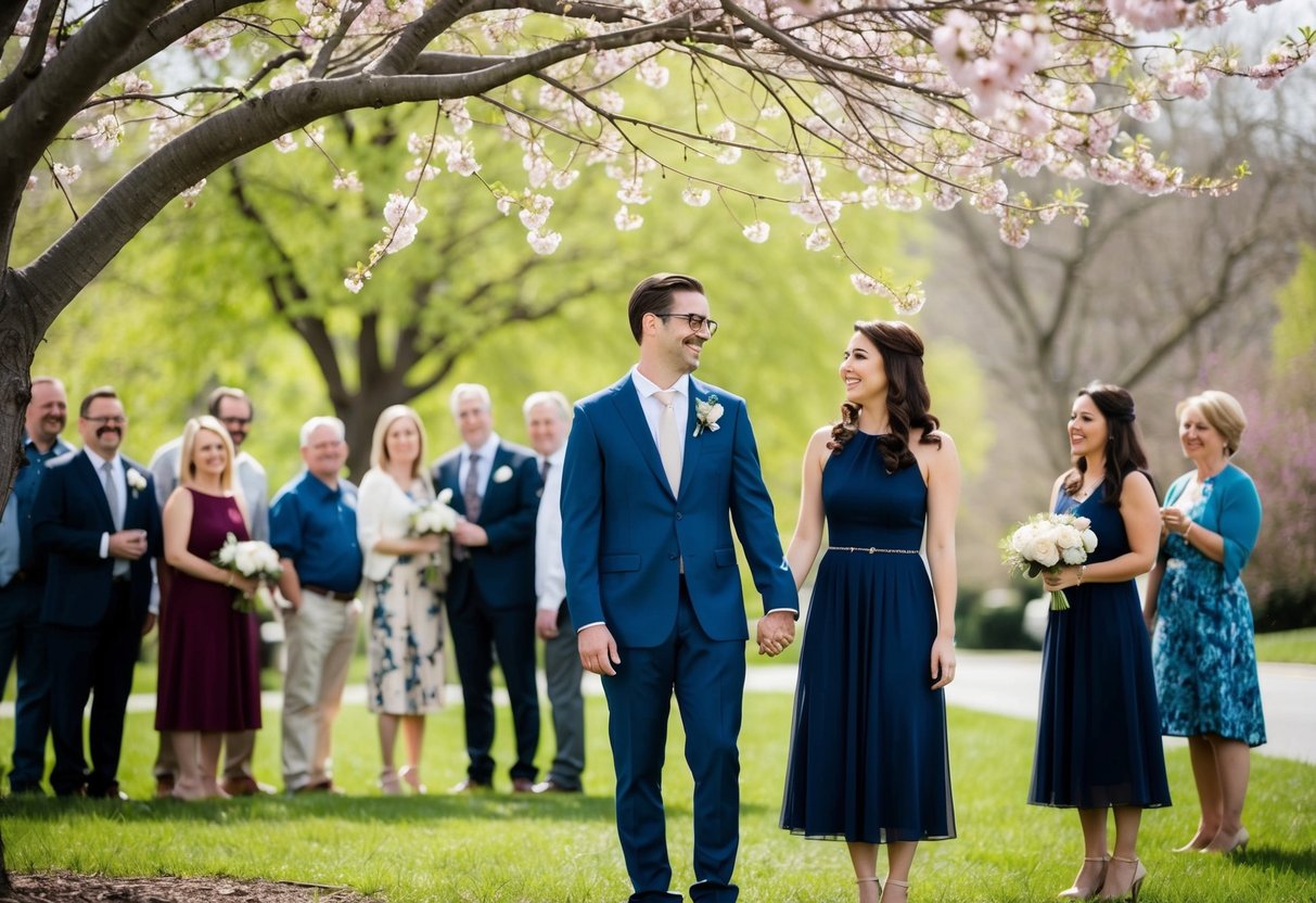 A couple standing under a blooming tree, holding hands and smiling, with a small, intimate gathering of friends and family around them