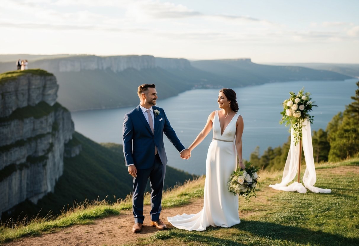 A couple standing on a cliff overlooking a picturesque landscape, holding hands and smiling, with a small, intimate wedding ceremony set up nearby