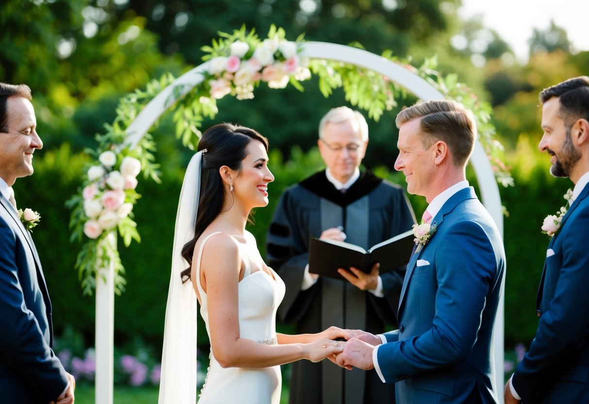 A couple standing in a garden, exchanging rings and vows in front of an officiant. A wedding arch adorned with flowers stands behind them