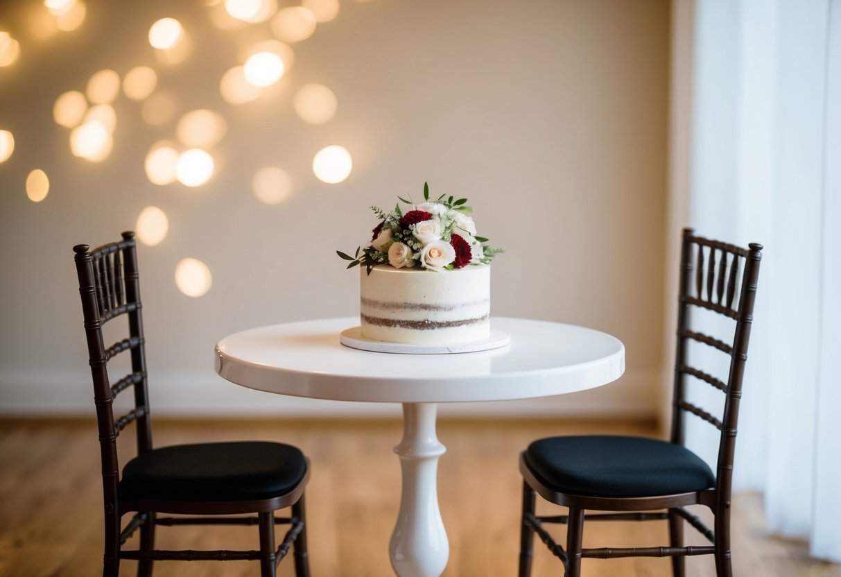 A small wedding cake on a table with two chairs and a bouquet