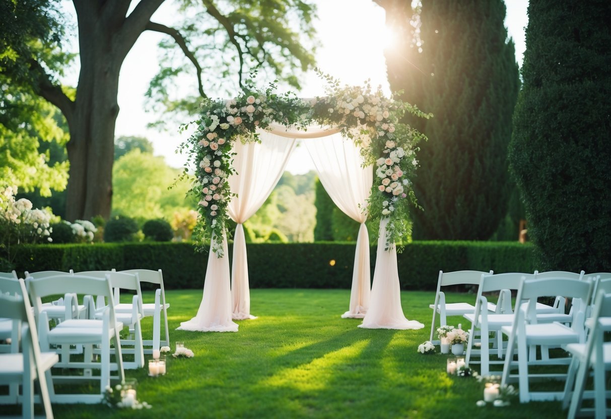 A wedding bower stands adorned with flowers and draped fabric, nestled within a lush garden surrounded by towering trees and soft sunlight