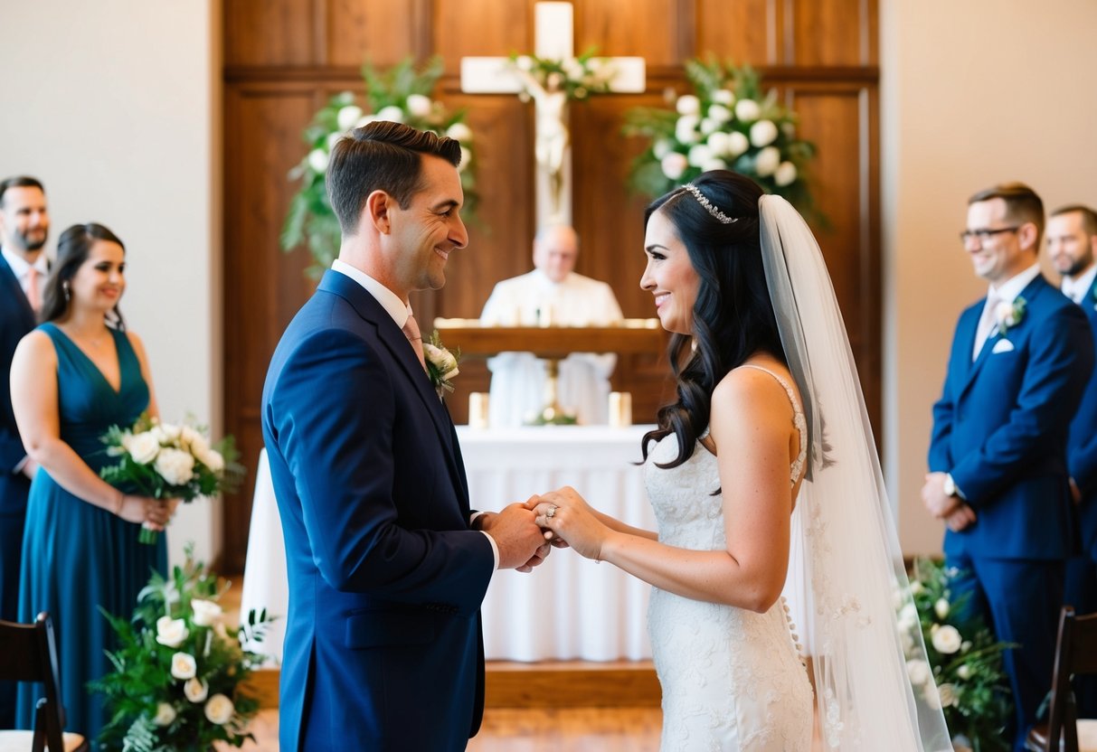 A couple standing in front of an altar, exchanging vows and rings in a beautifully decorated venue for their wedding ceremony
