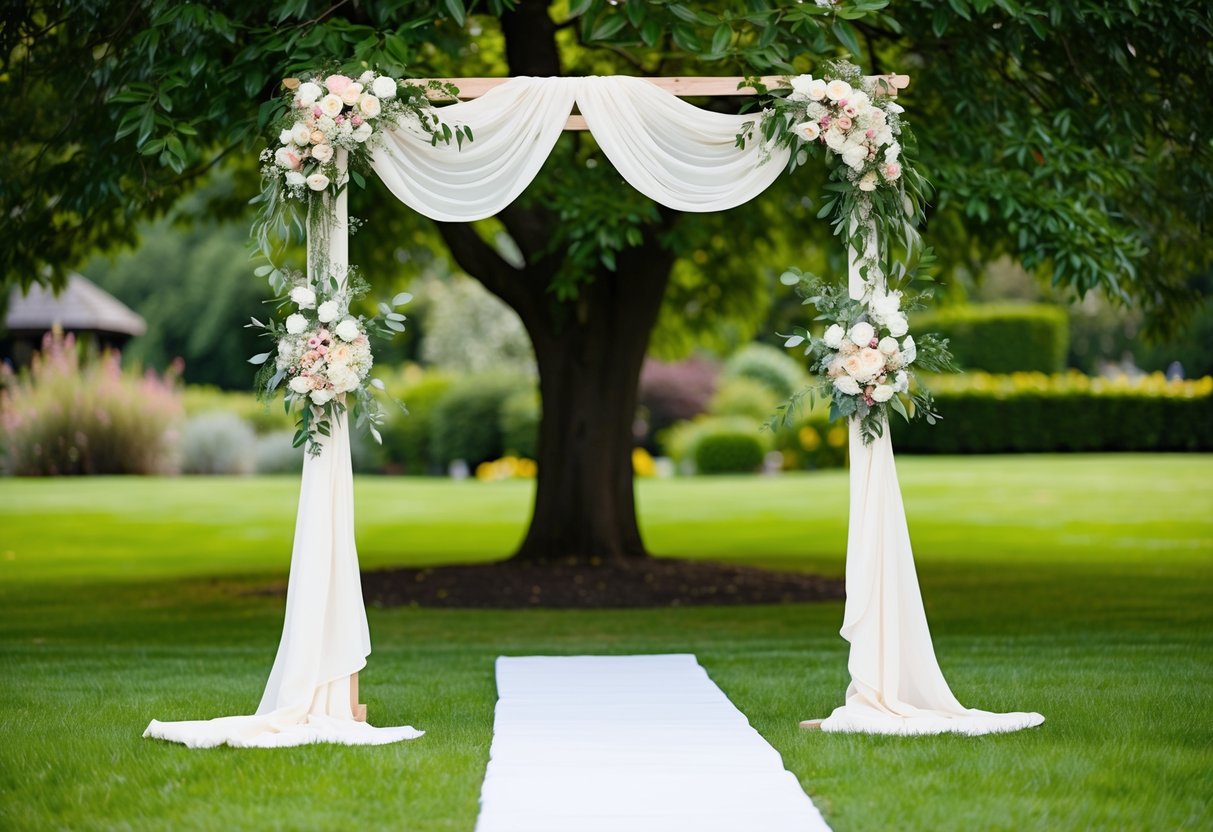 A wedding bower, adorned with flowers and draped fabric, stands beneath a lush tree in a garden, symbolizing love and unity